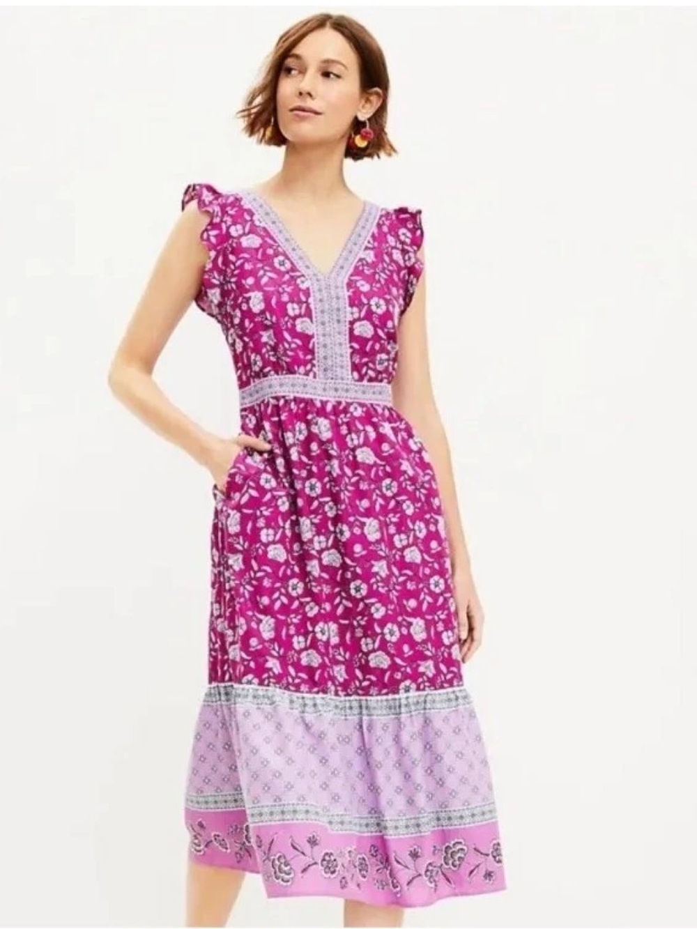 LOFT Magenta Floral V-Neck Midi Dress - Lightweight Summer Style size 10